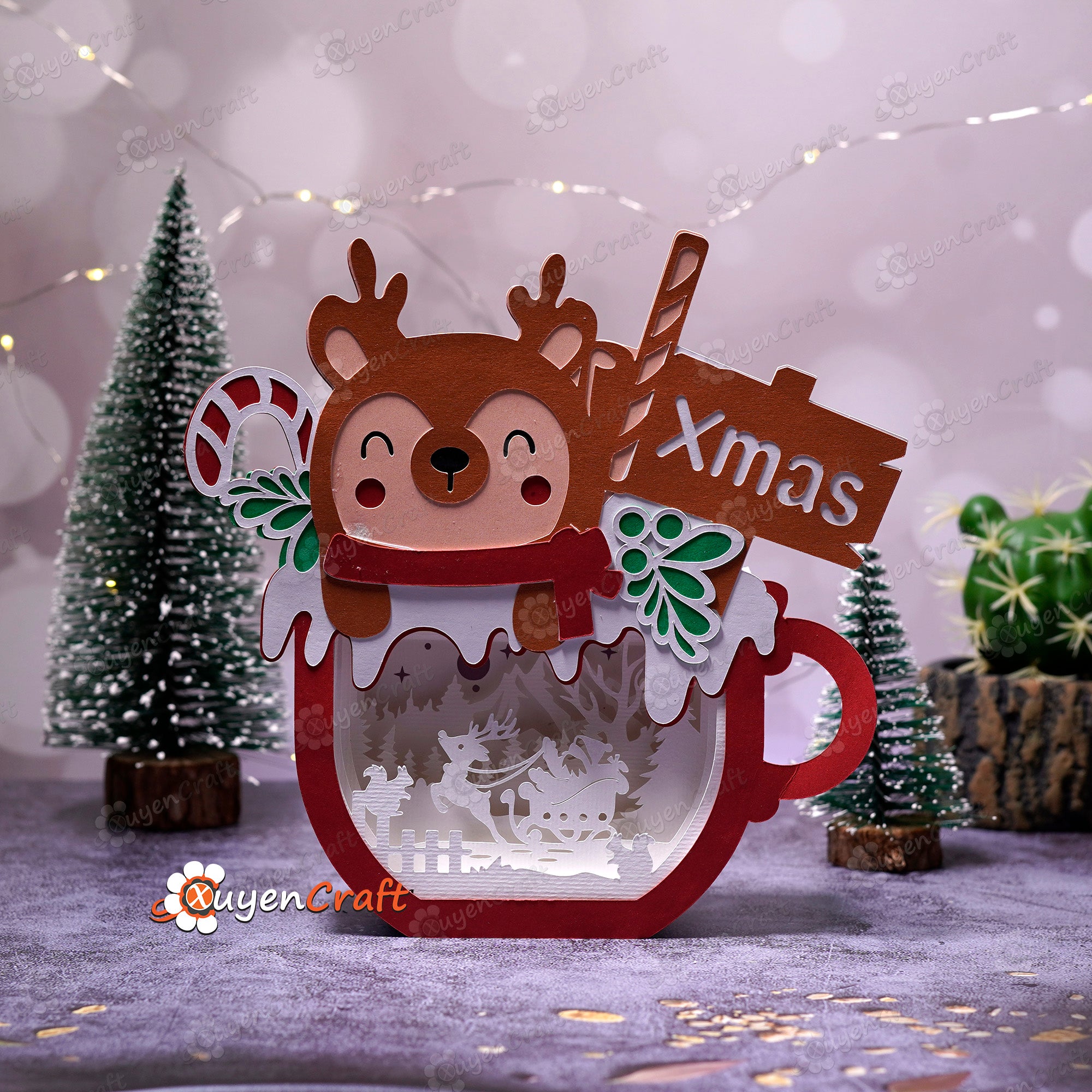 Reindeer Christmas Hot Cocoa Shadow Box SVG Light Box for Cricut Projects, Cameo, ScanNcut
