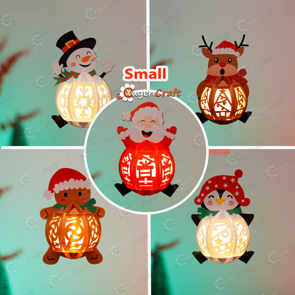 Pack 5 Hanging Christmas Lantern SVG For Cricut Joy - DIY Hanging Snowman, Santa Claus, Reindeer, Penguin, Gingerbread Lantern