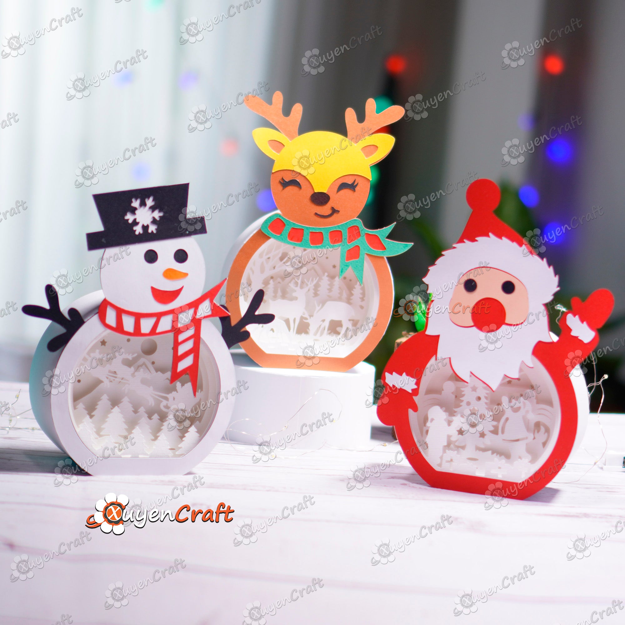 Pack 3 Santa Claus, Reindeer, Snowman Shadow Box SVG Template