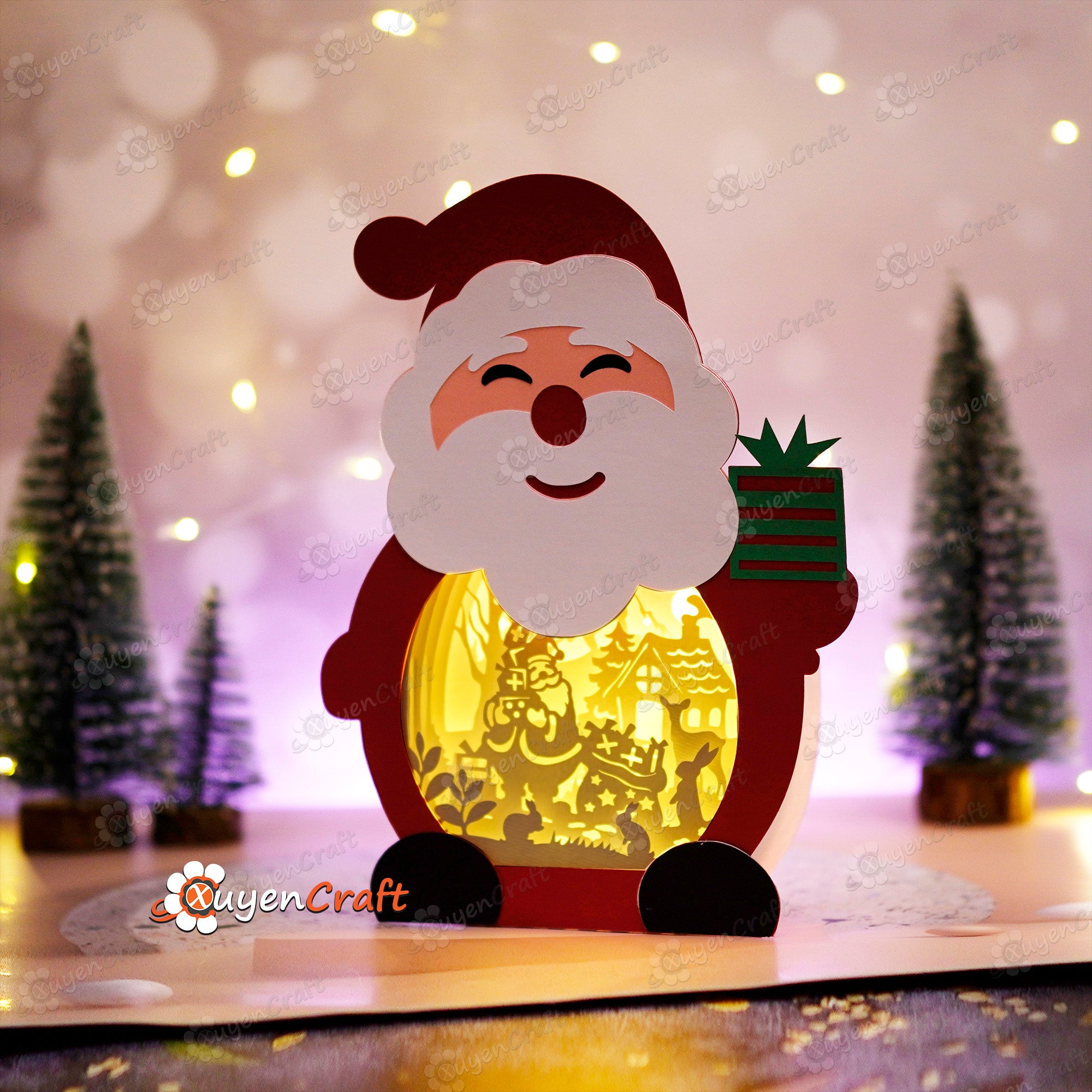 Cute Santa Flying Lantern Shadow Box SVG Template - Christmas Light Box - DIY Christmas Lantern, Xmas Paper Cut Template for Cricut Projects