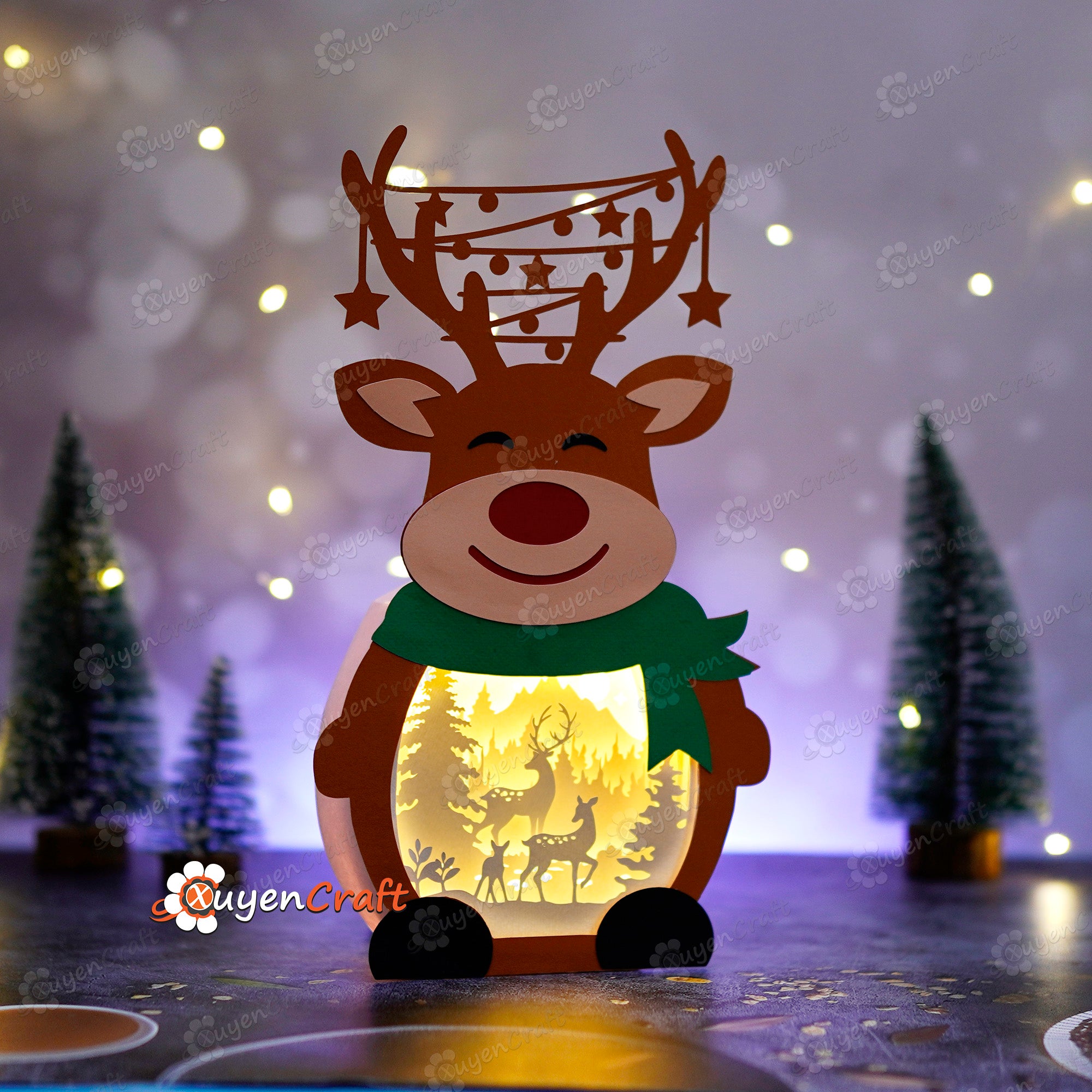 Cute Reindeer Shadow Box PDF, SVG Light Box for Cricut Projects, ScanNcut, Cameo 4 - DIY Reindeer Lantern Christmas
