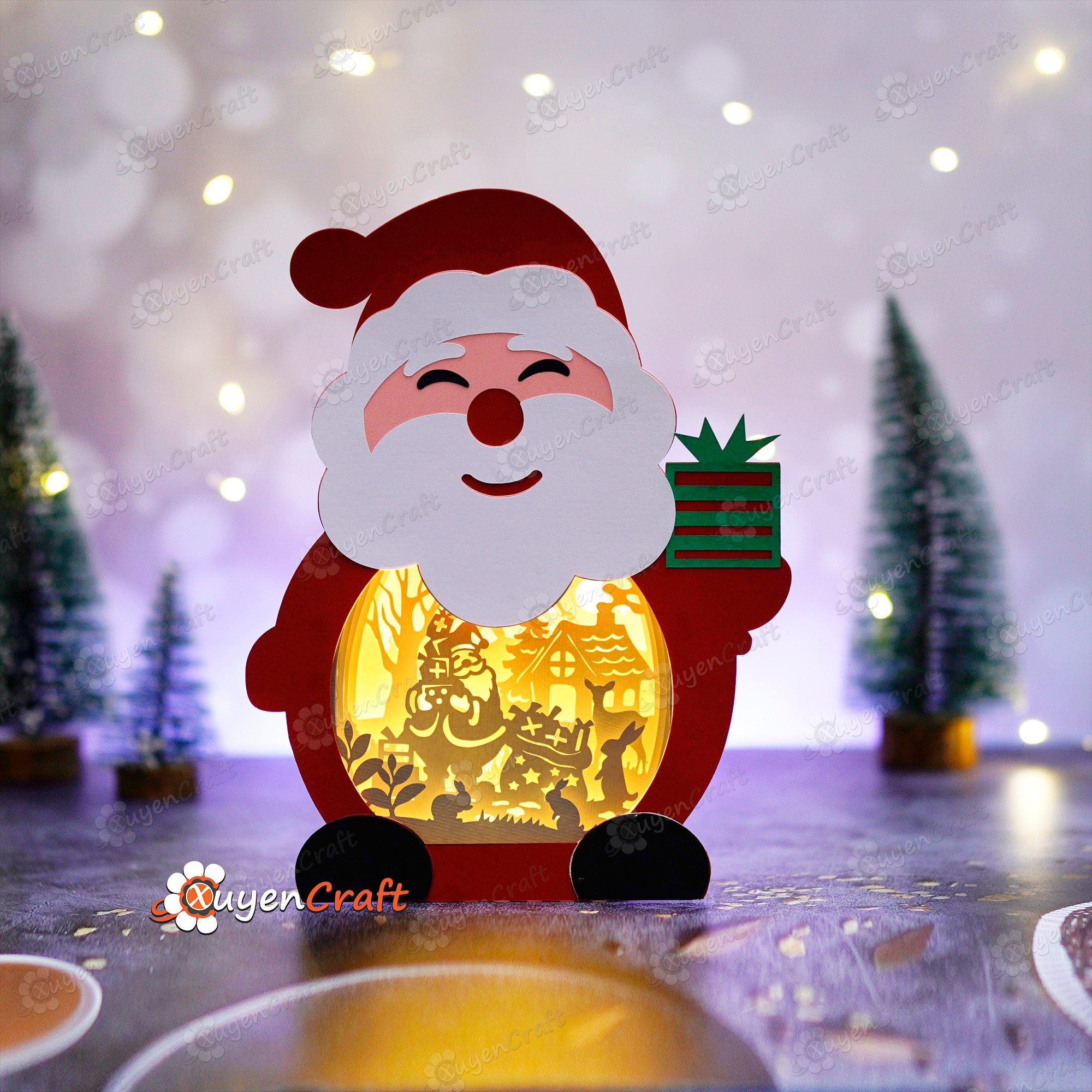 Cute Santa Flying Lantern Shadow Box SVG Template - Christmas Light Box - DIY Christmas Lantern, Xmas Paper Cut Template for Cricut Projects