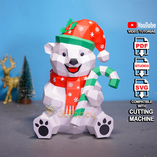 Christmas Polar Bear Papercraft Template | 3D Holiday Bear Decoration | DIY Paper Model Ornament | Cricut SVG | Printable PDF Files