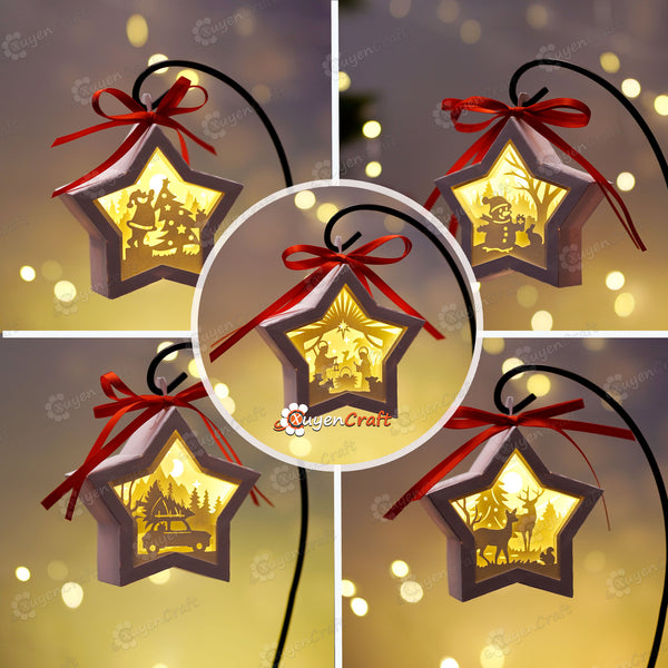 Pack 5 Christmas Small Star Ornaments SVG for Cricut Joy, ScanNcut, Cameo - Merry Christmas Hanging Star Lantern Shadow Box SVG Template