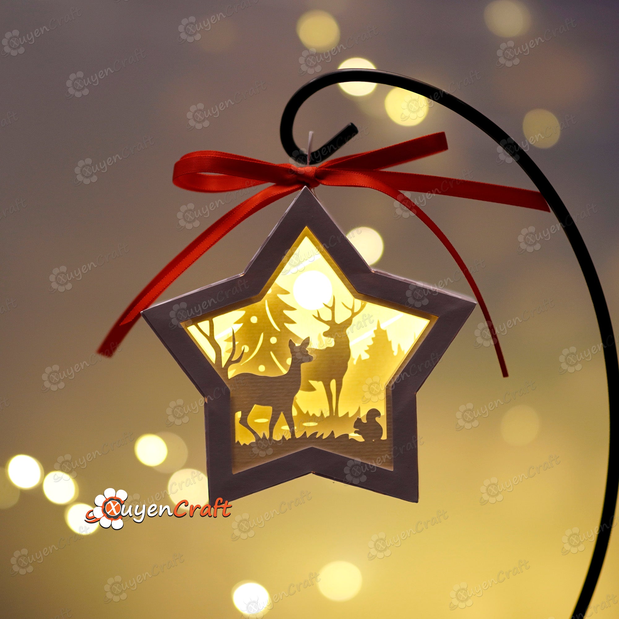 Pack 5 Christmas Small Star Ornaments SVG for Cricut Joy, ScanNcut, Cameo - Merry Christmas Hanging Star Lantern Shadow Box SVG Template