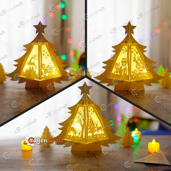 Lot de 3 lanternes d'arbre de Noël SVG pour projets Cricut - Modèle de découpe de papier pour Noël