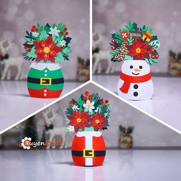Set 3 Christmas Vase Cards Templates – Santa Claus, Snowman, Elf Christmas Tree Pot | DIY Papercut Christmas Ornament | PDF SVG Studio Files
