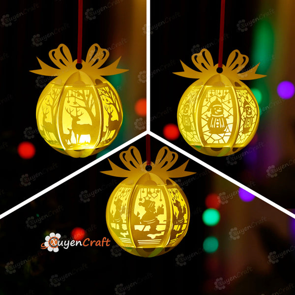 Lot de 3 boules de Noël SVG en papier à suspendre pour décorations d'arbre de Noël - Décorations de Noël à faire soi-même - Boule de Noël à suspendre en papier découpé