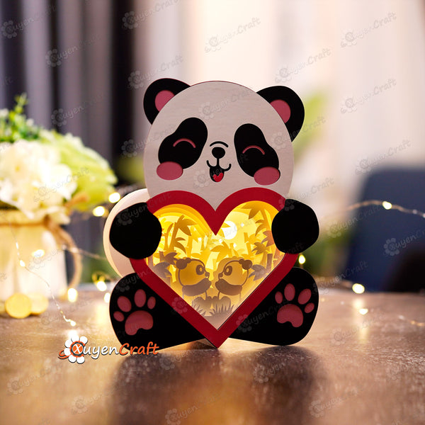 Couple Panda Heart Lantern Shadow Box PDF, SVG Template - DIY Panda Lightbox for Valentine's Day - Panda Paper Cut Lantern 3D Shadow Box svg