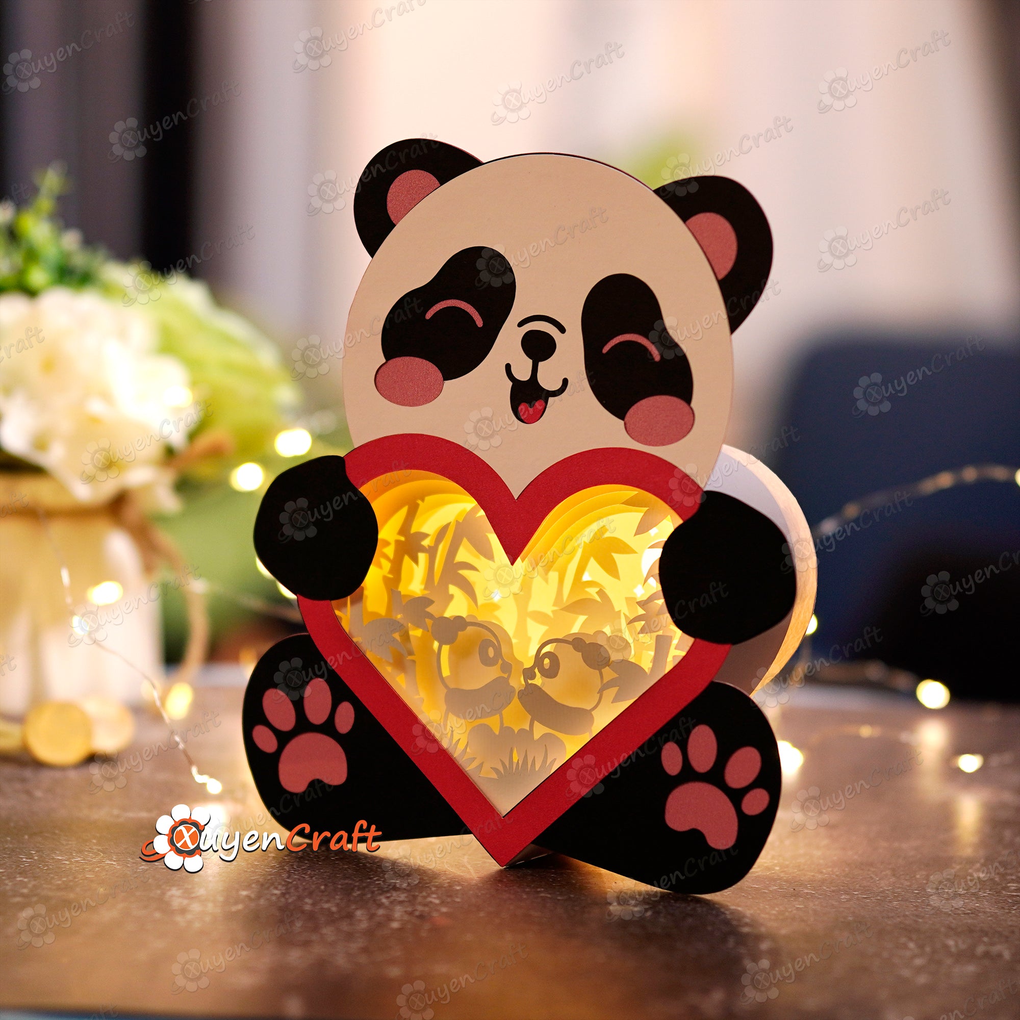 Couple Panda Heart Lantern Shadow Box PDF, SVG Template - DIY Panda Lightbox for Valentine's Day - Panda Paper Cut Lantern 3D Shadow Box svg