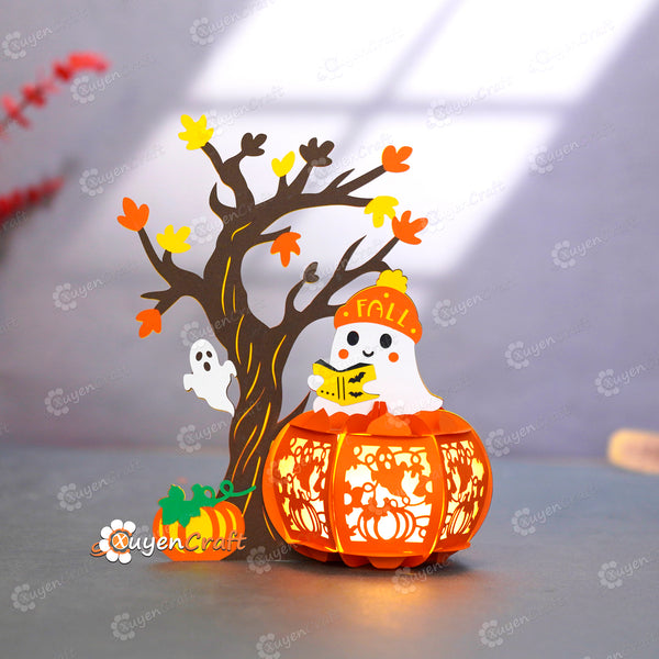 Cute Ghost Pumpkin Lantern – Papercut Template | Halloween Autumn Decoration | PDF SVG Studio Files