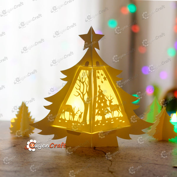 Hirschfamilie Weihnachtsbaum Laterne SVG für Cricut Projekte - Papierschnitt Vorlage für Weihnachten