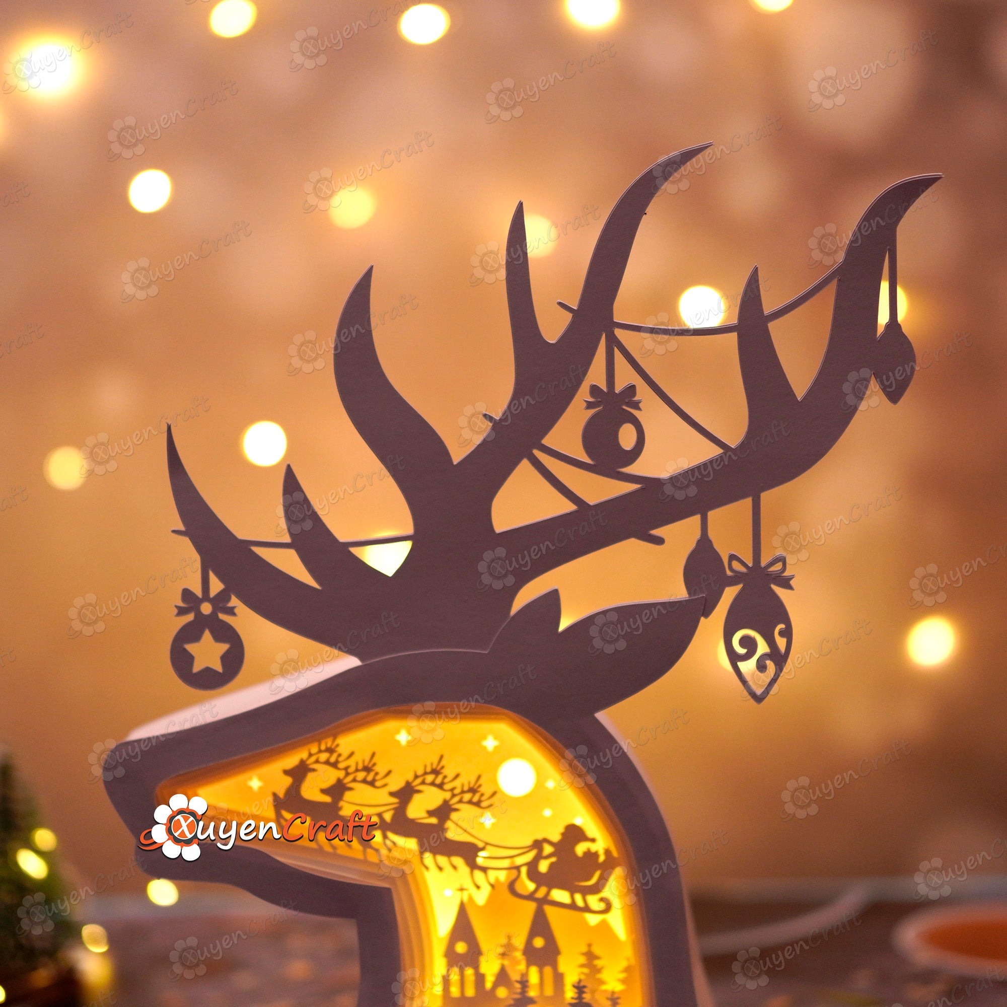 Pack 3 Deer Head Christmas Shadow Box PDF, SVG Light Box for Cricut Projects - DIY Christmas Lantern - Santa Shadowbox, Reindeer Lighbox
