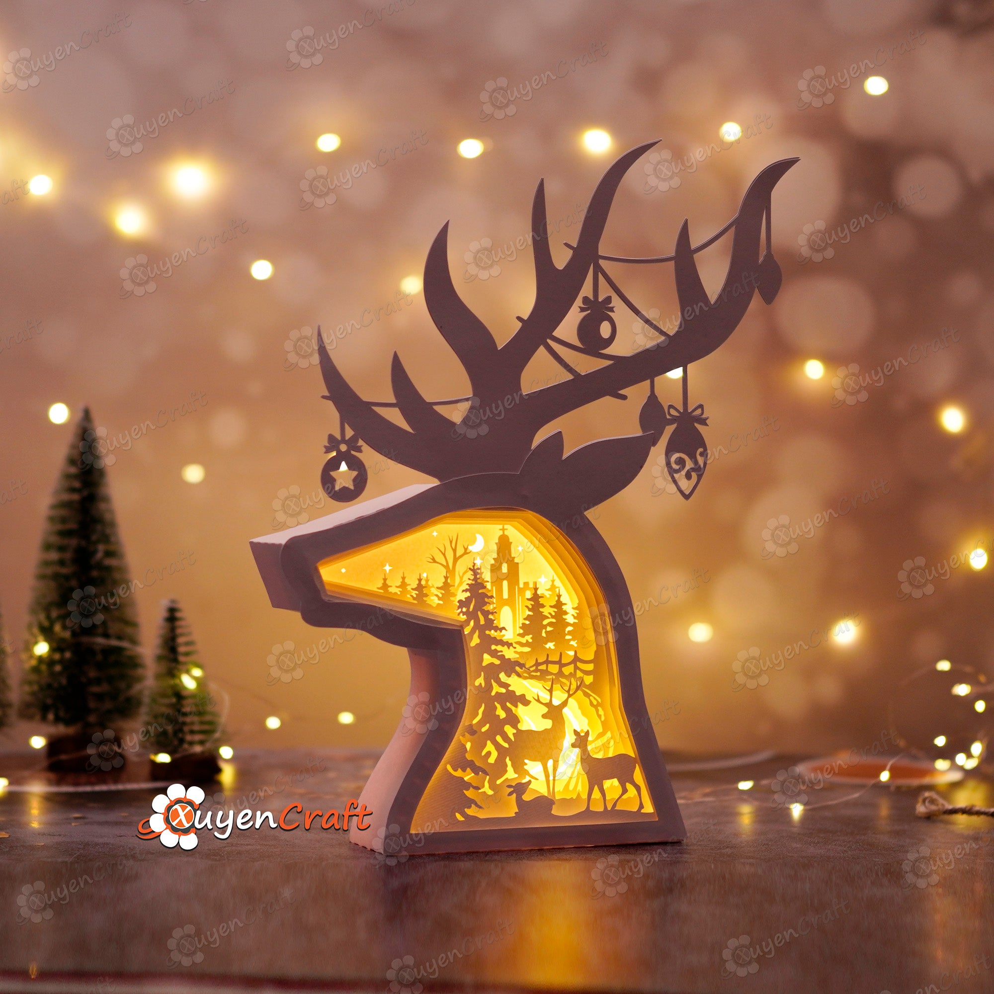 Deer Family in Deer Head Christmas Shadow Box PDF, SVG Light Box for Cricut Projects - DIY Christmas Lantern, Reindeer Lighbox