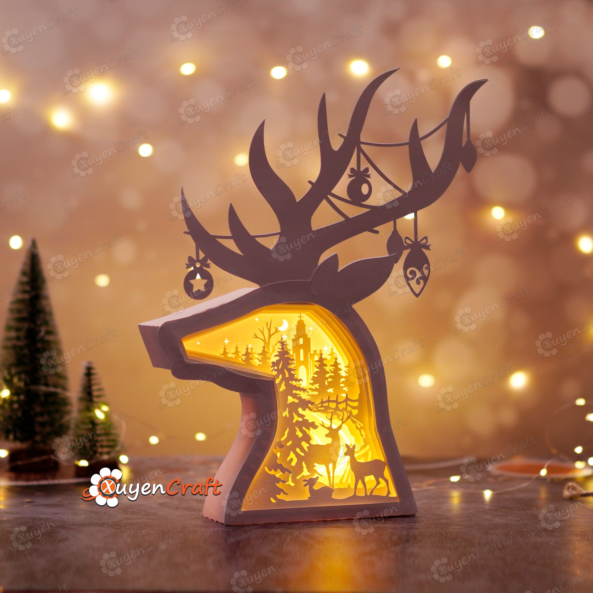 Deer Family in Deer Head Christmas Shadow Box PDF, SVG Light Box for Cricut Projects - DIY Christmas Lantern, Reindeer Lighbox