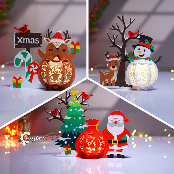 Pack 3 Winter Christmas Lantern Templates (PDF SVG Studio File) – DIY Snowman, Santa, Reindeer Paper Lanterns
