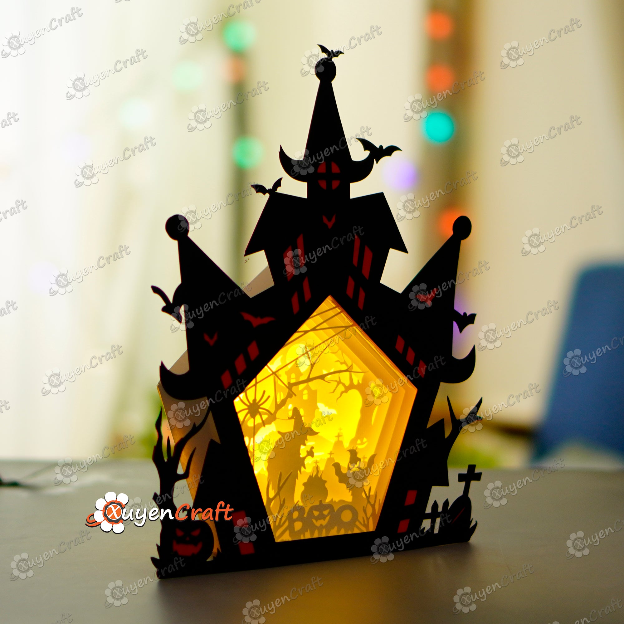 Ghost & Witch Haunted House Shadow Box Halloween PDF, SVG Light Box for Cricut, Sillhouette 4, ScanNcut