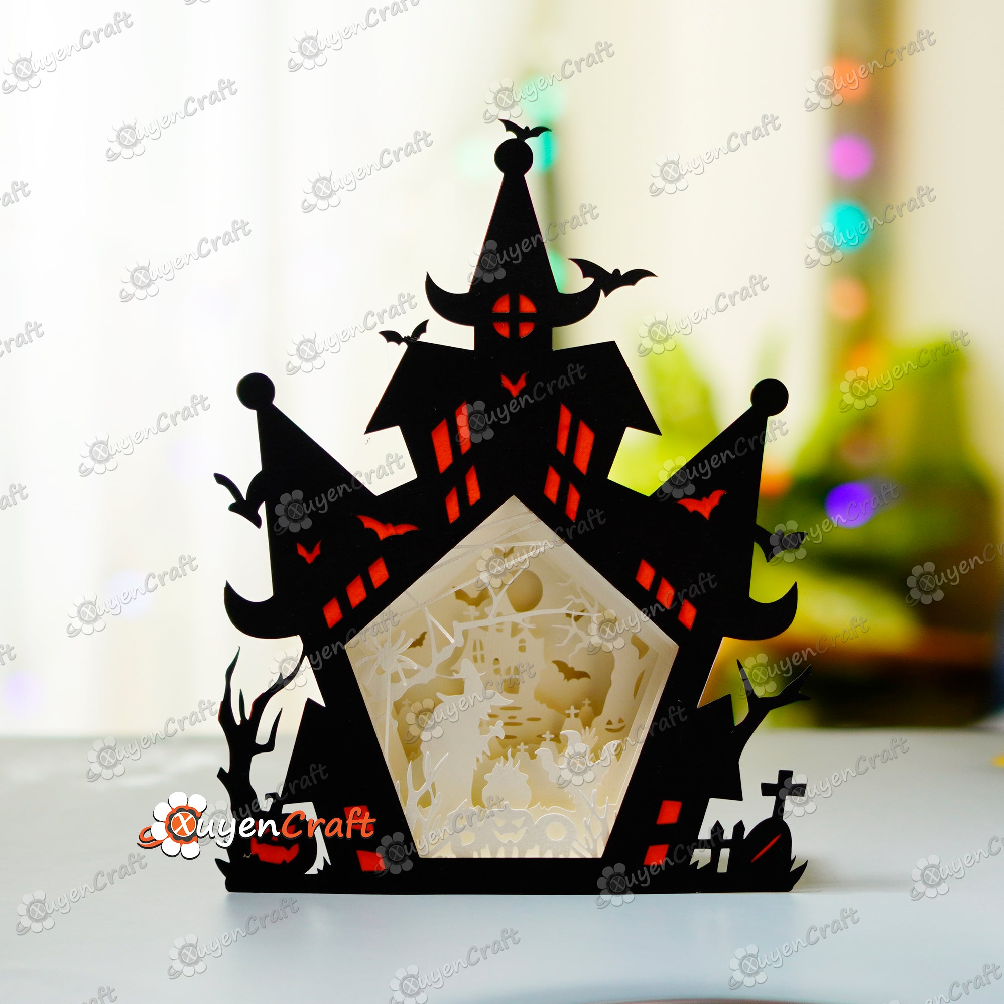 Ghost & Witch Haunted House Shadow Box Halloween PDF, SVG Light Box for Cricut, Sillhouette 4, ScanNcut