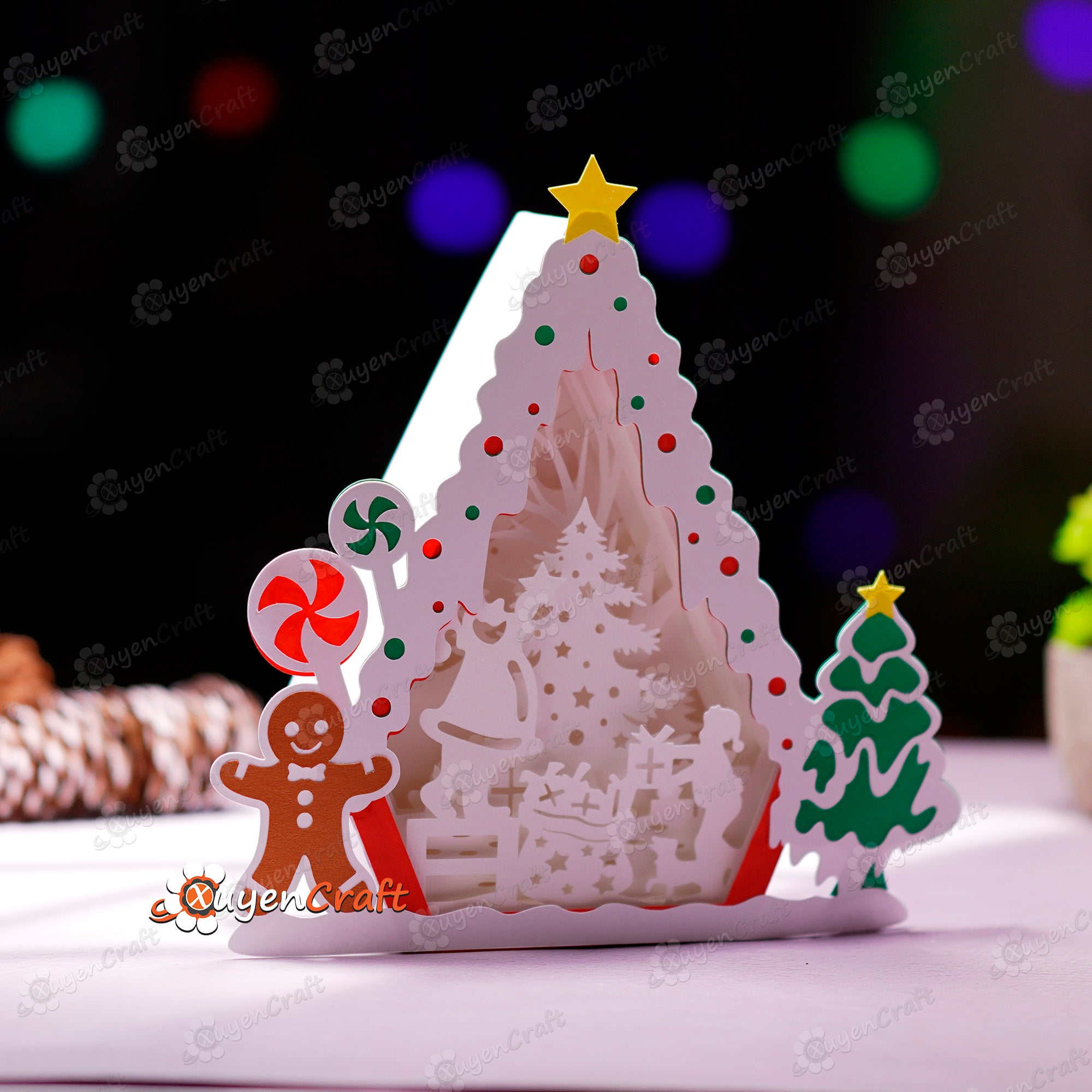 Santa's Christmas Trees in Gingerbread House Shadow Box SVG Light Box - Candy House Christmas Lantern, Paper Cut Template, Snowman House Svg