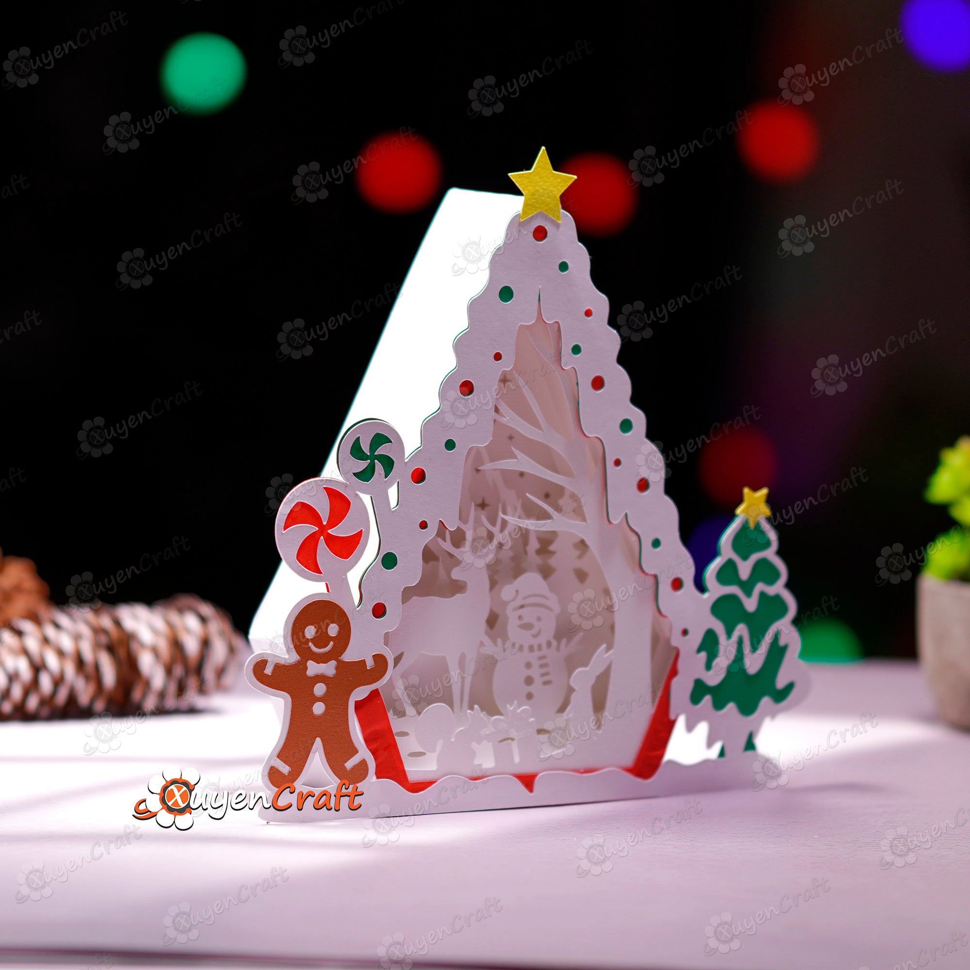 Snowman in Gingerbread House Shadow Box SVG Light Box - Candy House Christmas Lantern - Paper Cut Template For Christmas - Snowman House Svg