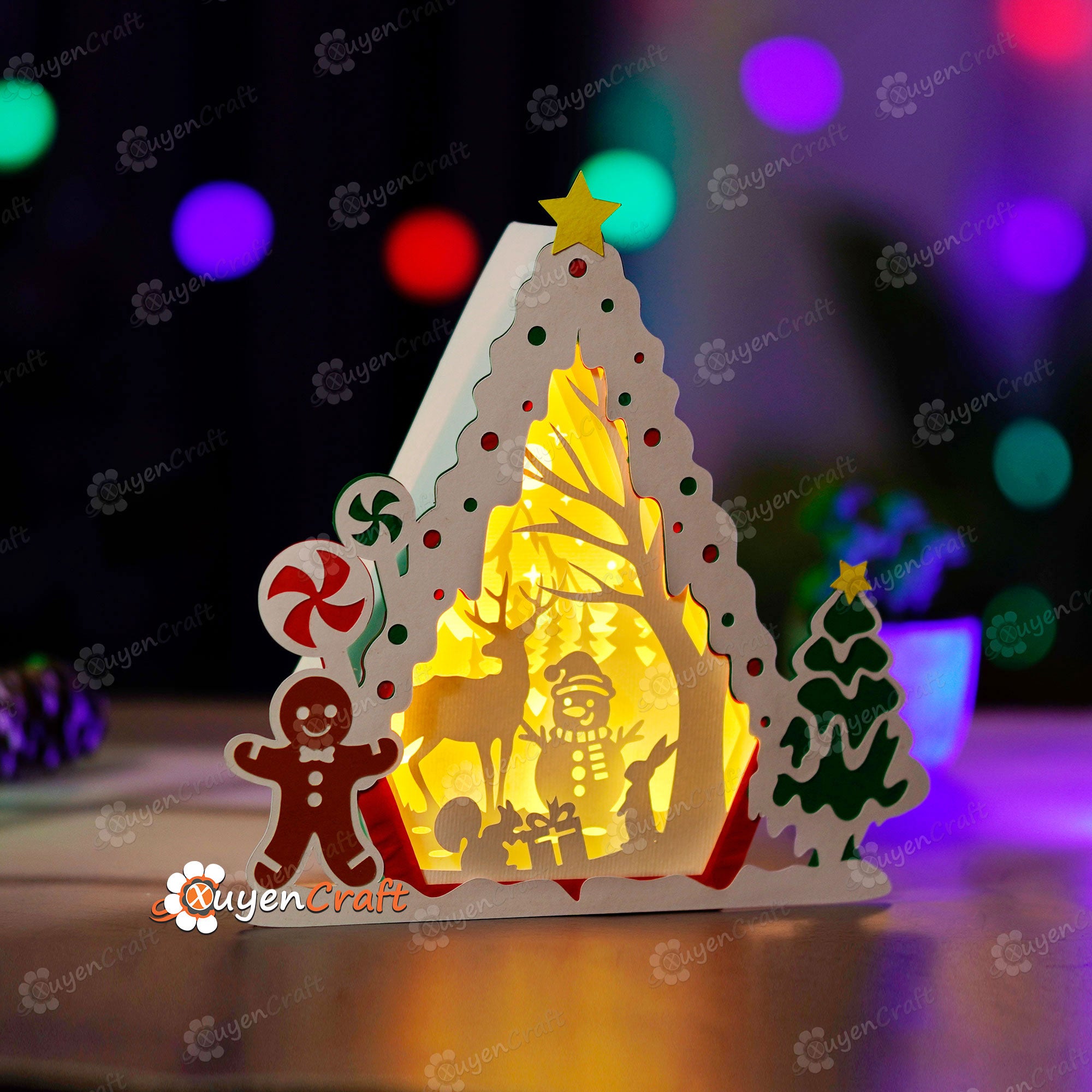 Pack 3 Gingerbread House Shadow Box SVG Light Box - Candy House Christmas Lantern - Paper Cut Template For Christmas - Snowman House svg