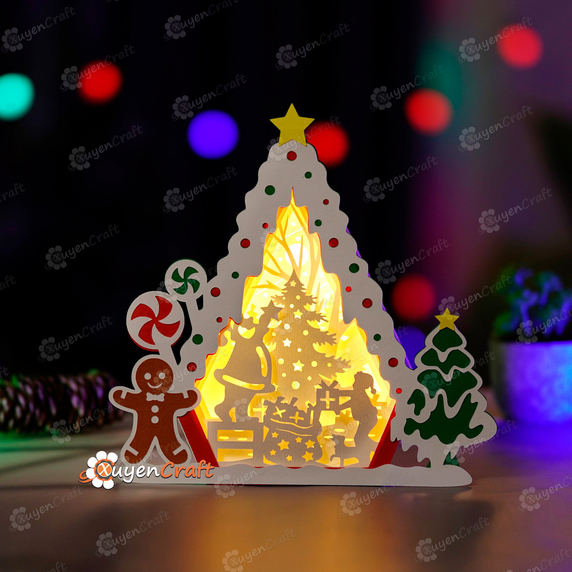 Santa's Christmas Trees in Gingerbread House Shadow Box SVG Light Box - Candy House Christmas Lantern, Paper Cut Template, Snowman House Svg