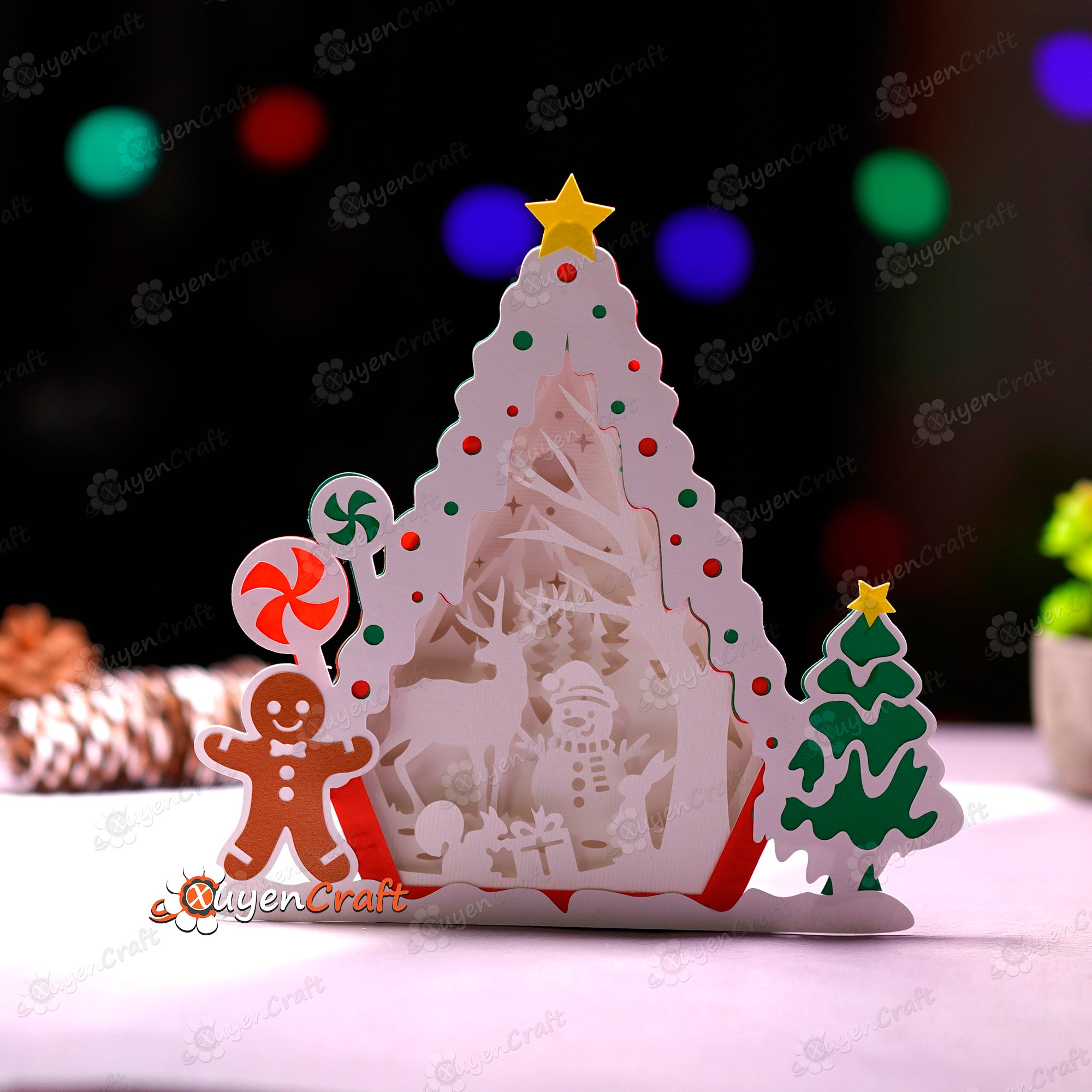 Snowman in Gingerbread House Shadow Box SVG Light Box - Candy House Christmas Lantern - Paper Cut Template For Christmas - Snowman House Svg