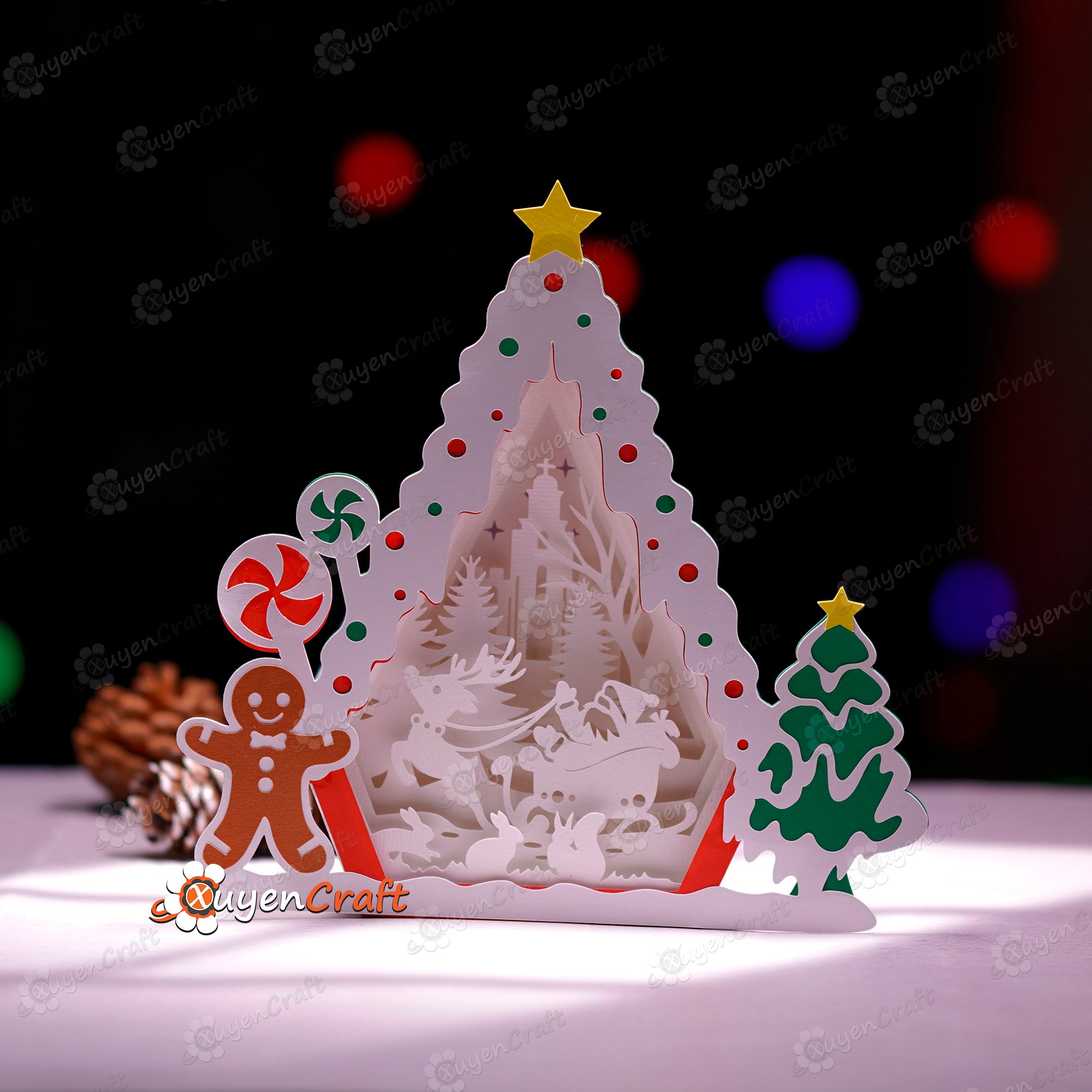 Santa Reindeer in Gingerbread House Shadow Box SVG Light Box - Candy House Christmas Lantern - Paper Cut Template - Snowman House svg