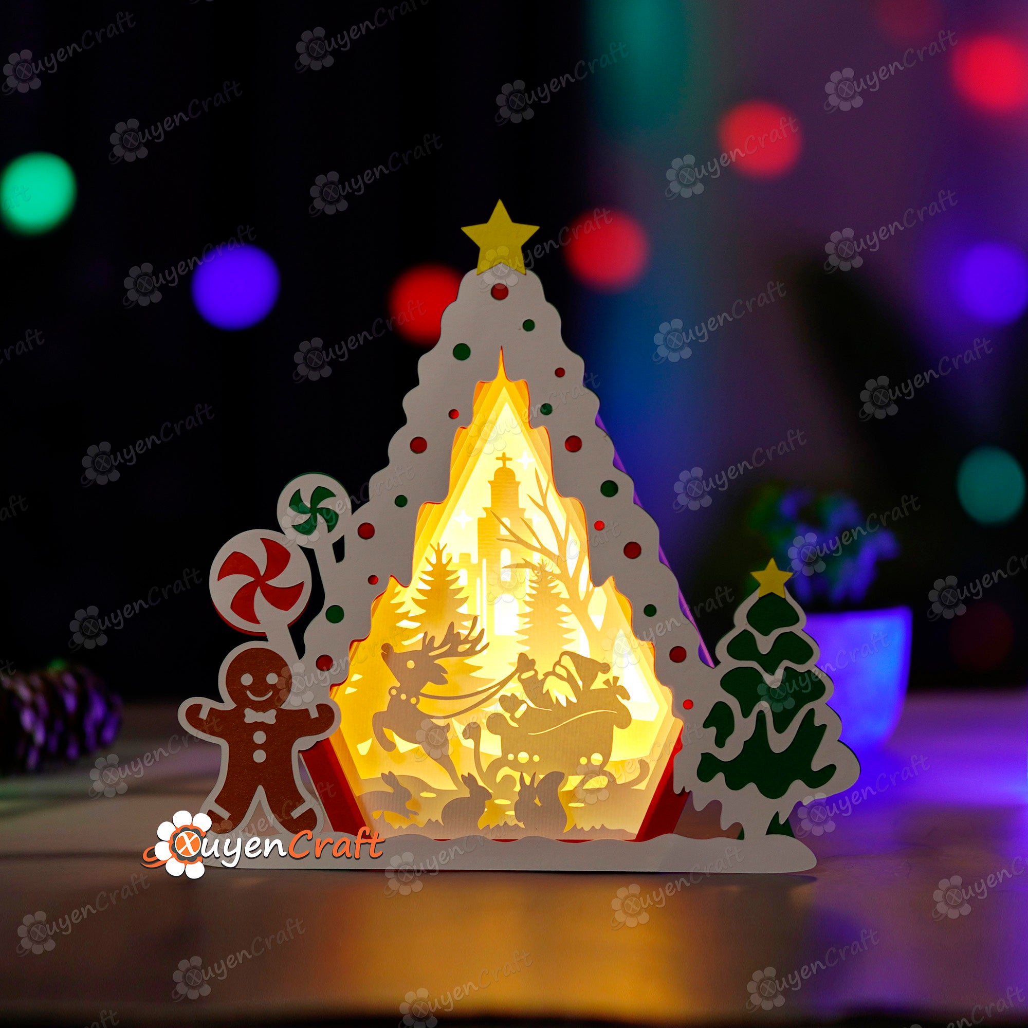 Santa Reindeer in Gingerbread House Shadow Box SVG Light Box - Candy House Christmas Lantern - Paper Cut Template - Snowman House svg