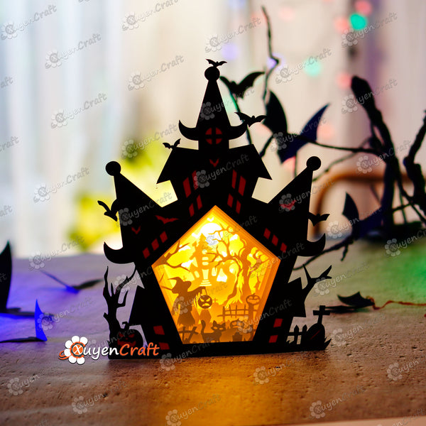 Boîte à ombres de maison hantée Halloween PDF, boîte à lumière SVG pour projets Cricut, Sillhouette 4, ScanNcut