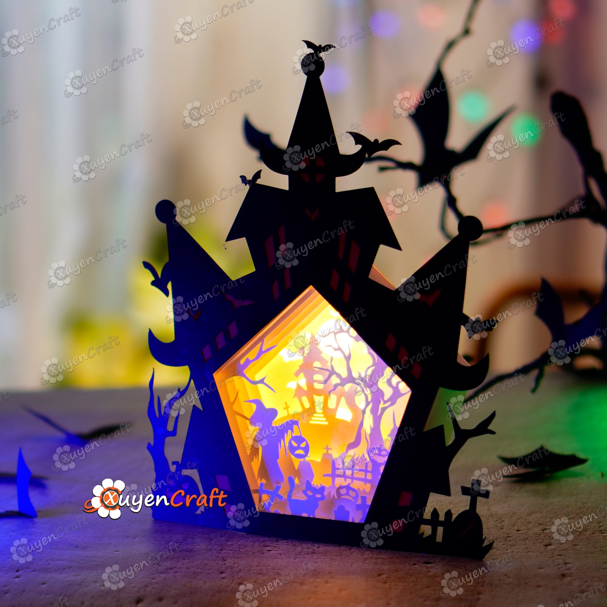 Haunted House Shadow Box Halloween PDF, SVG Light Box for Cricut Projects, Sillhouette 4, ScanNcut