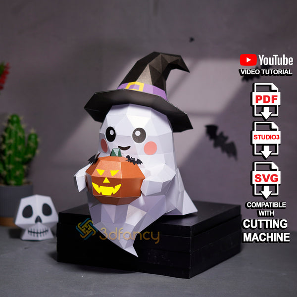 Happy Ghost with Pumpkin Papercraft Template – Cute Halloween PDF SVG File, DIY Paper Sculpture for Decor or Gift