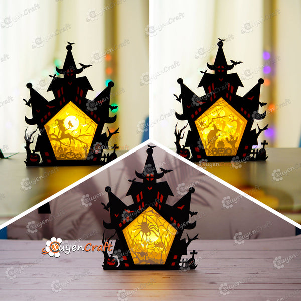 Combo 3 Boîte d'ombre de maison hantée Halloween PDF, SVG Boîte lumineuse pour Cricut, Sillhouette 4, ScanNcut