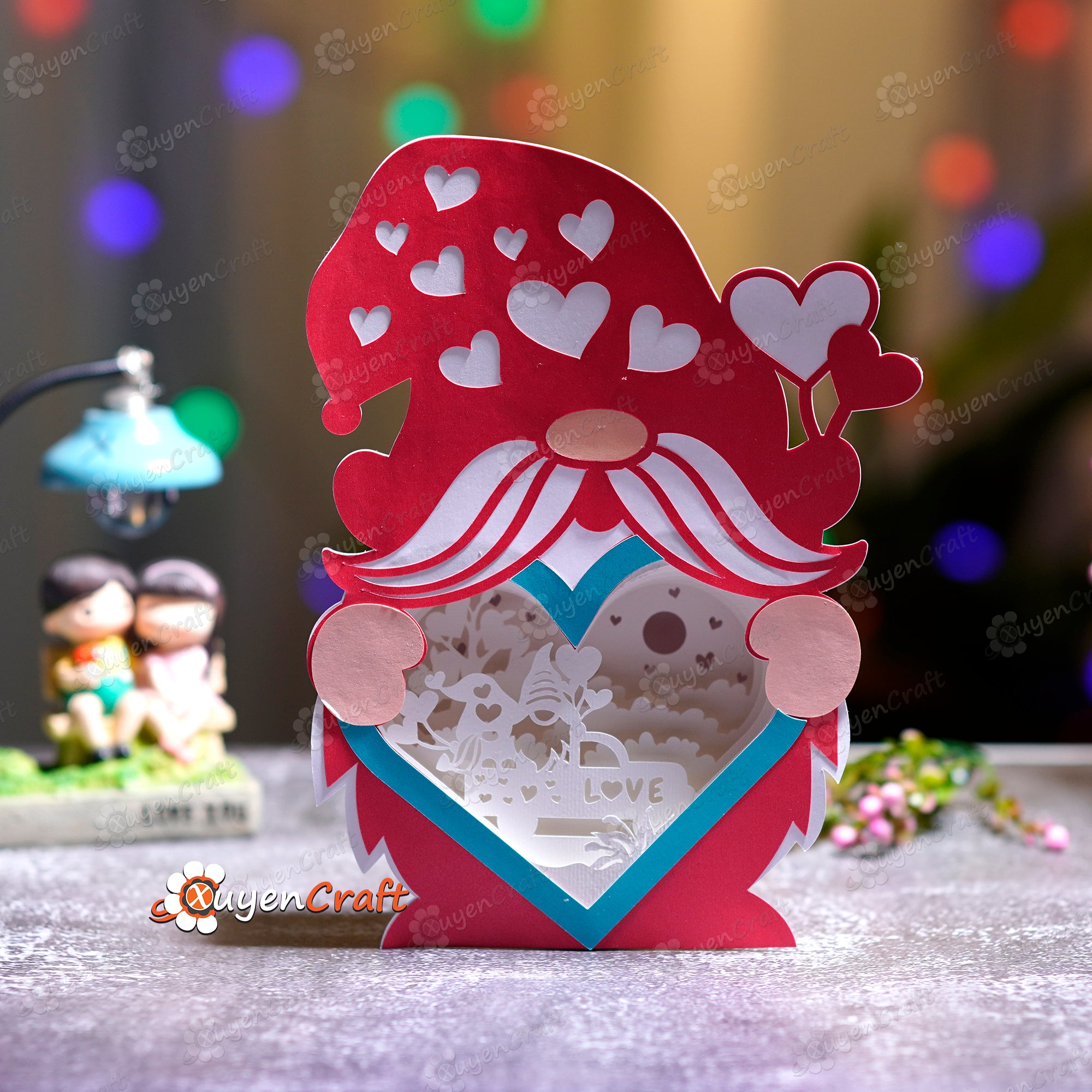 Love Gnome Heart Lantern Shadow Box PDF, SVG Light Box - DIY Gnome Shadow Box for Valentine's Day - 3D Paper Cut Template Cricut svg file