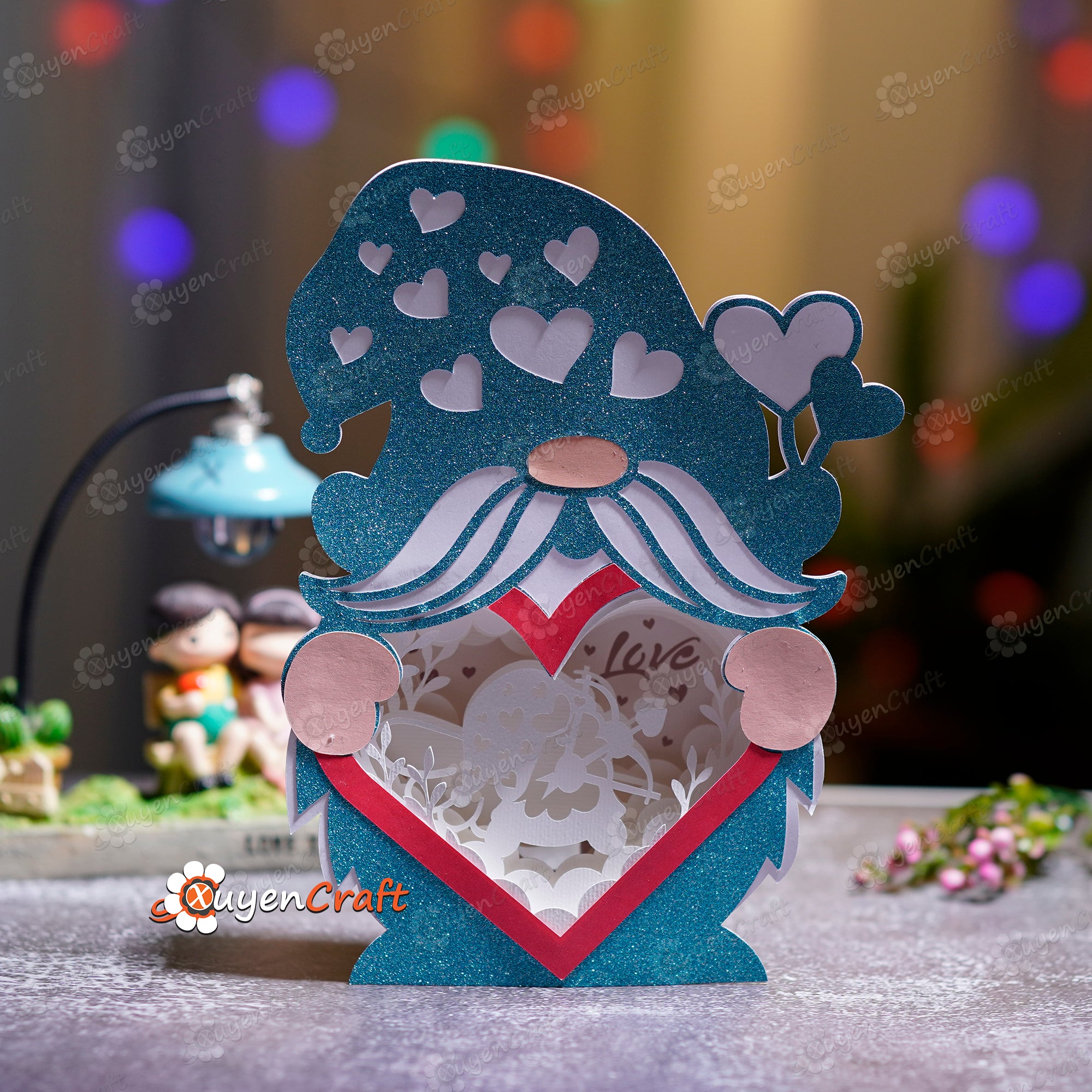 Archery Gnome Heart Lantern Shadow Box PDF, SVG Light Box - DIY Gnome Shadow Box for Valentine's Day - 3D Paper Cut Template