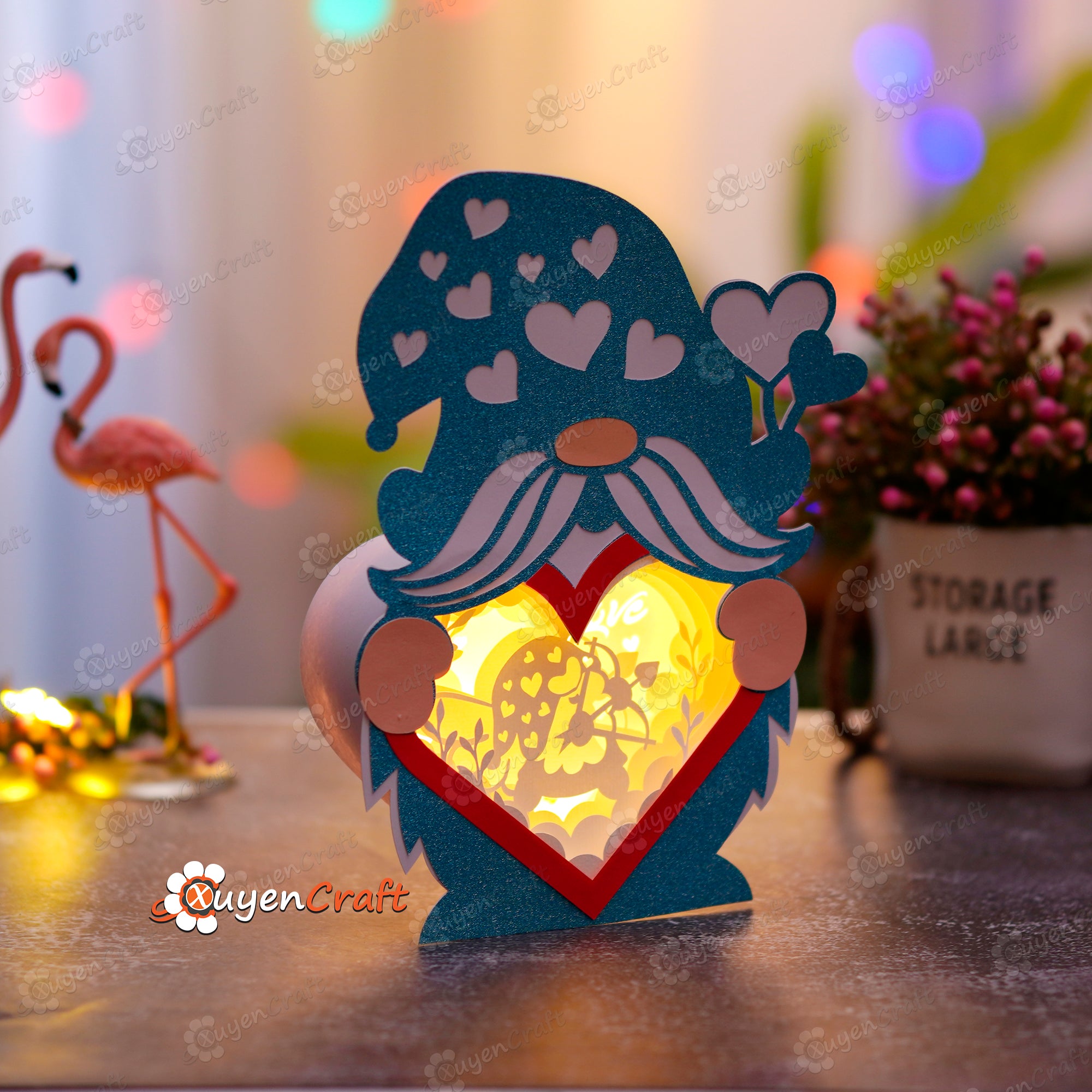Archery Gnome Heart Lantern Shadow Box PDF, SVG Light Box - DIY Gnome Shadow Box for Valentine's Day - 3D Paper Cut Template