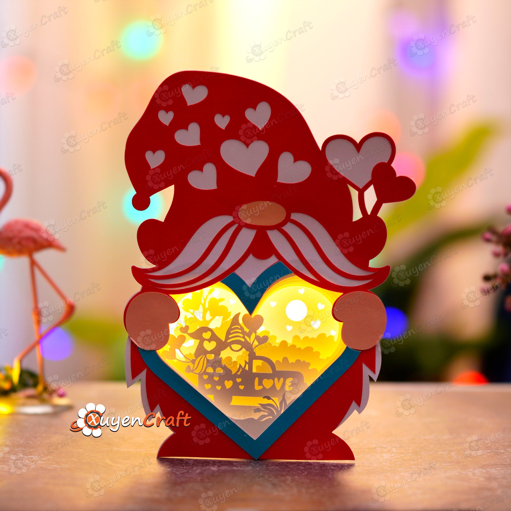 Love Gnome Heart Lantern Shadow Box PDF, SVG Light Box - DIY Gnome Shadow Box for Valentine's Day - 3D Paper Cut Template Cricut svg file