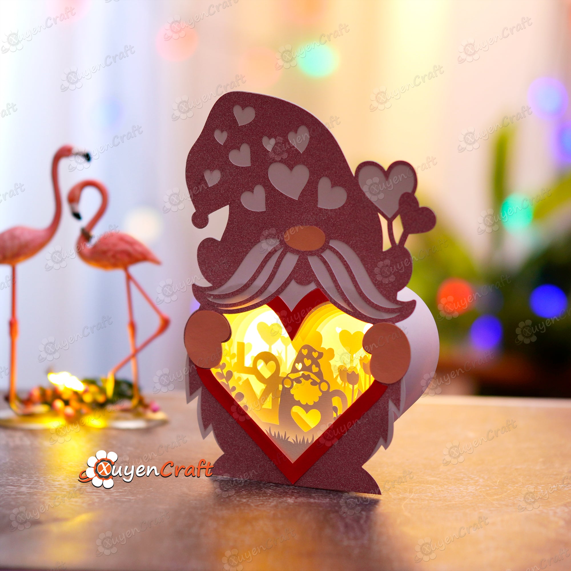 Pack 3 Heart Gnome Shadow Box PDF, SVG Light Box for Cricut Projects - DIY Heart Lantern for Valentine's Day, Love, Cup Gnome, Archery Gnome