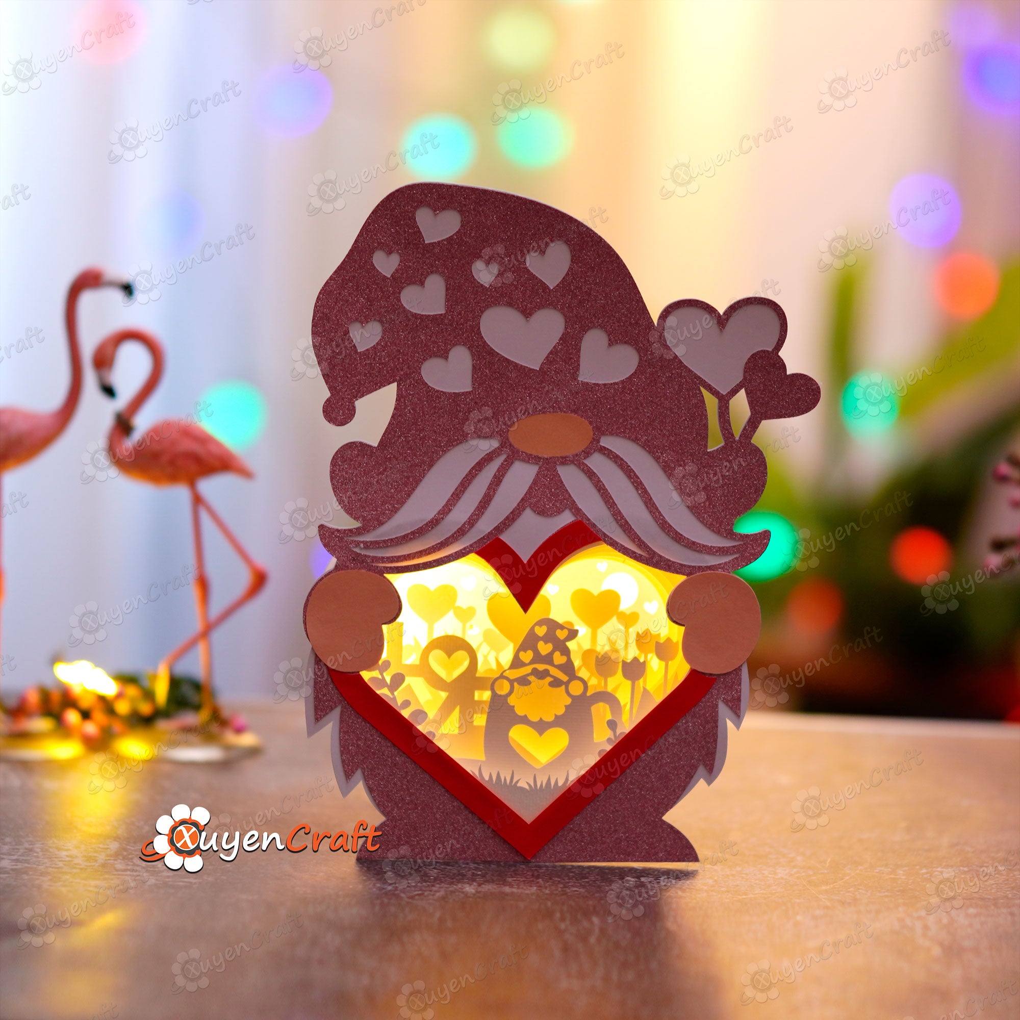 Cup Gnome Heart Lantern Shadow Box PDF, SVG Light Box - DIY Gnome Shadow Box for Valentine's Day - 3D Paper Cut Template Cricut svg file