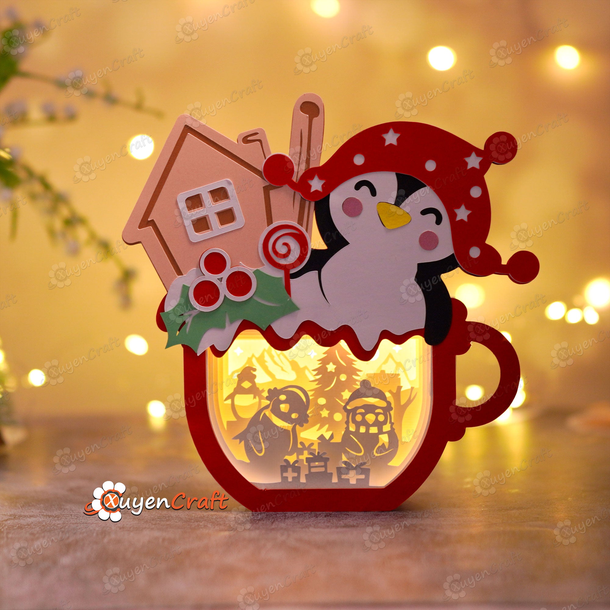 Pack 3 Hot Chocolate Shadow Box SVG - DIY Christmas Lantern - Santa Claus, Penguin, Gnome Lighbox Hot Cocoa Paper Cutting Template