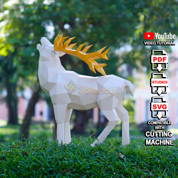 Howling Deer Papercraft 3D Template – Low Poly Deer SVG PDF, DIY Paper Sculpture for Home Decor, Cardstock Gift Model