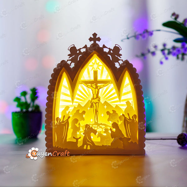 Jesus on Cross in Nativity House Lanterns Shadow Box PDF, SVG Light Box - DIY Nativity Scene Paper Lantern for Christmas
