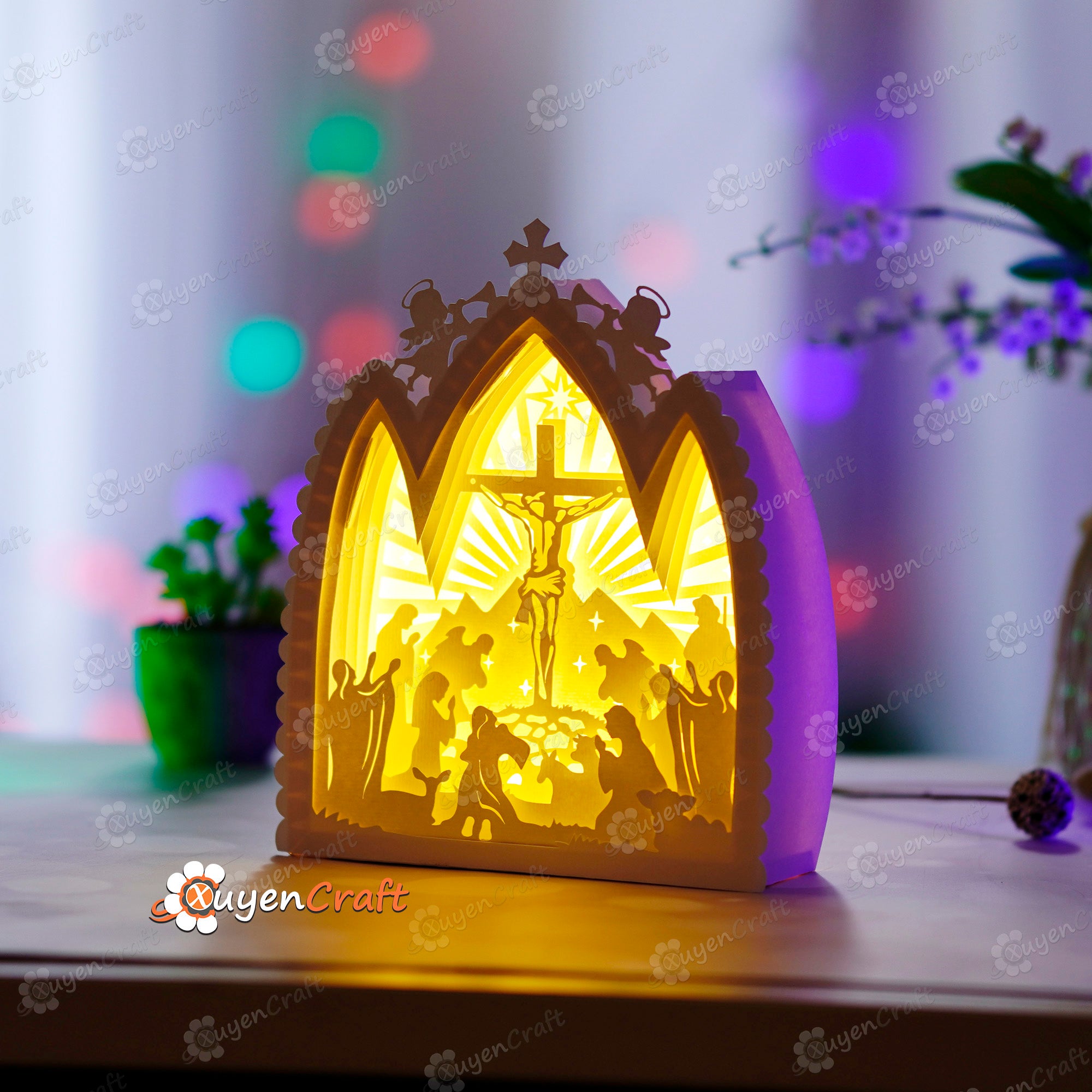 Jesus on Cross in Nativity House Lanterns Shadow Box PDF, SVG Light Box - DIY Nativity Scene Paper Lantern for Christmas