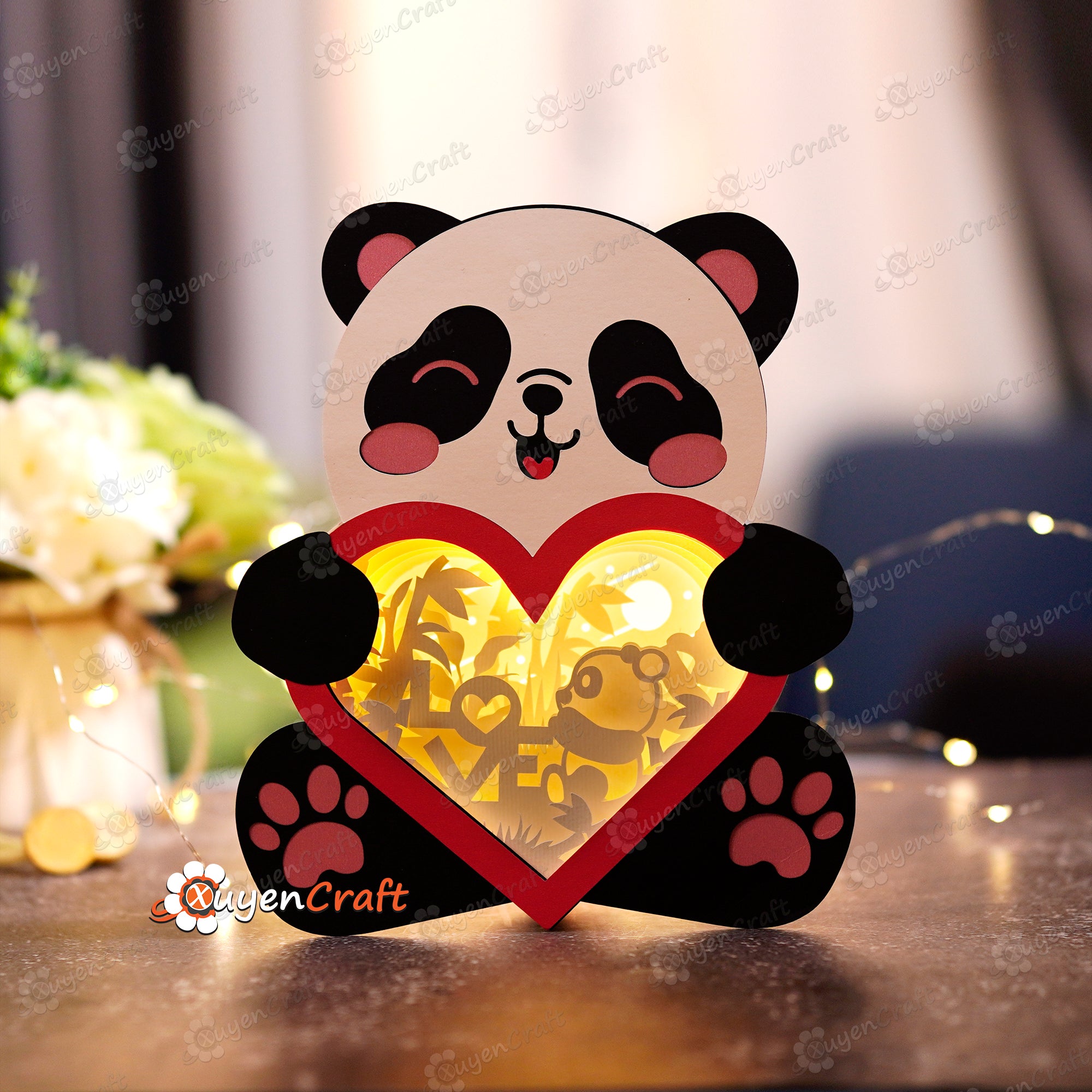 Love Panda Heart Lantern Shadow Box PDF, SVG Template - DIY Panda Lightbox for Valentine's Day - Panda Paper Cut Lantern - 3D Shadow Box Svg