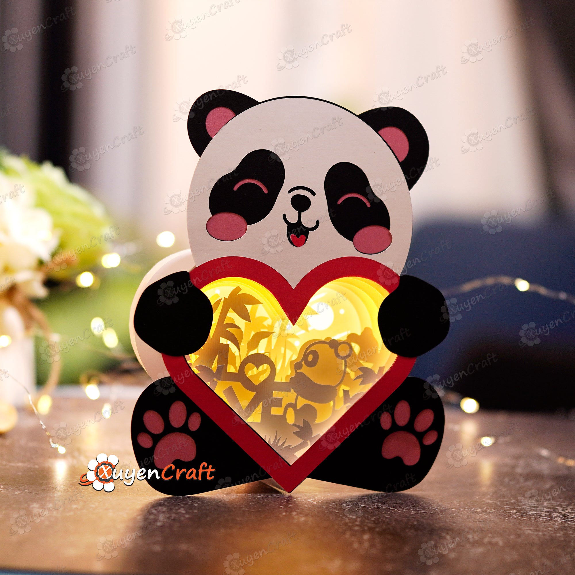 Love Panda Heart Lantern Shadow Box PDF, SVG Template - DIY Panda Lightbox for Valentine's Day - Panda Paper Cut Lantern - 3D Shadow Box Svg