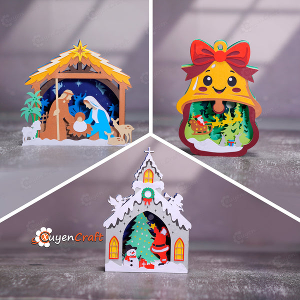 Set 3 Christmas 3D Pop-up Cards Templates – Nativity Scene, Winter Church, Christmas Bell | DIY Papercut Christmas Ornament | PDF SVG Studio Files