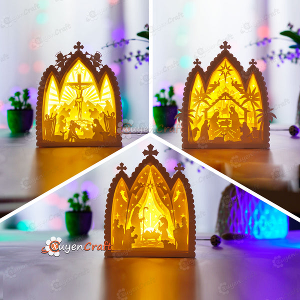 Pack 3 crèches, boîte à ombres de la maison de la Nativité PDF, boîte à lumière SVG - Lanterne en papier Jésus sur croix DIY pour Noël