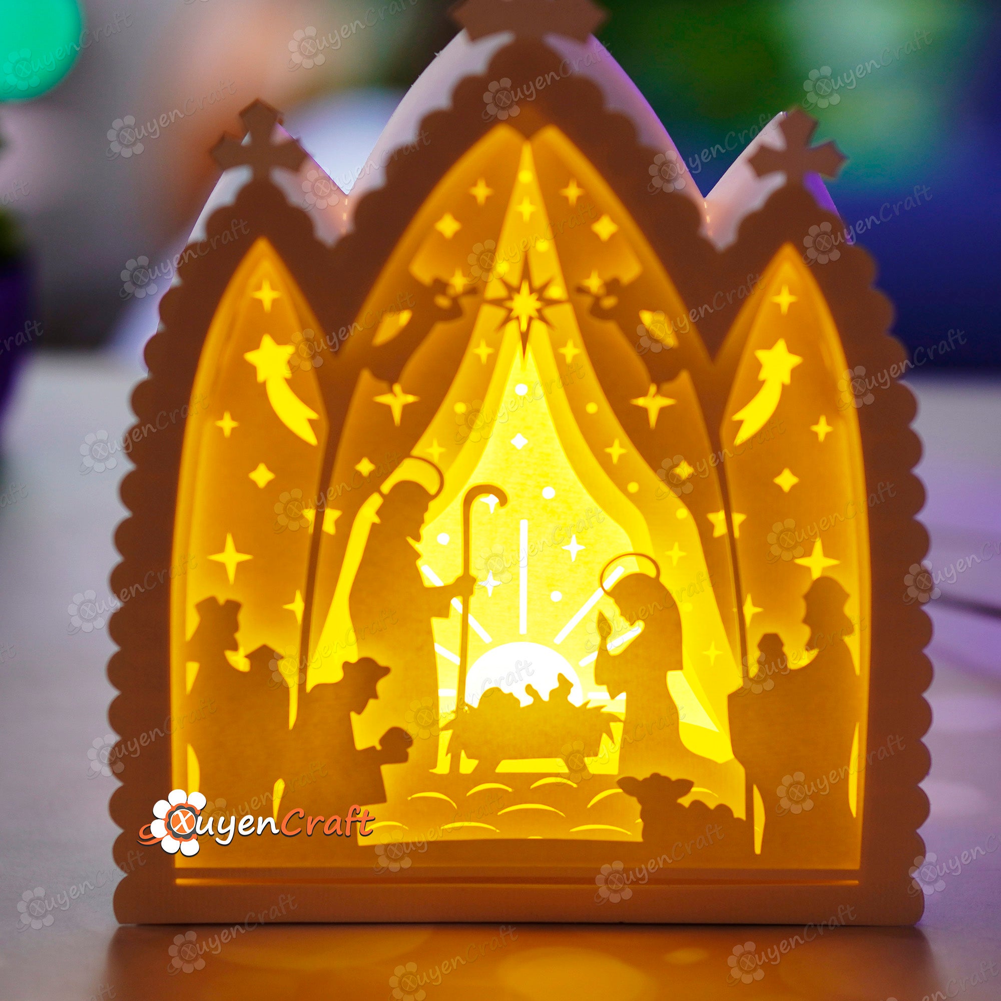 Pack 3 Nativity Scene, Nativity House Shadow Box PDF, SVG Light Box - DIY Jesus on Cross Paper Lantern for Christmas