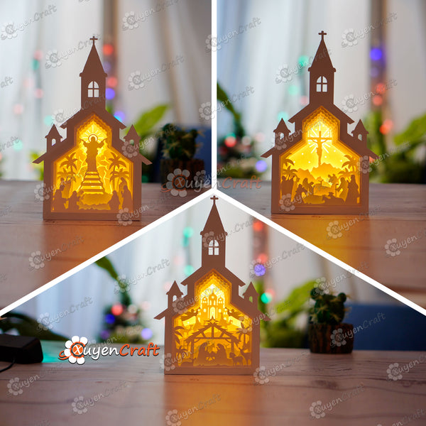 Pack 3 Crèche Scène Église Boîte D'ombre PDF, SVG Boîte Lumineuse pour Créer une Crèche, Jésus sur la Croix, Lanterne d'Église de Jésus Ressuscité Papier Découpé