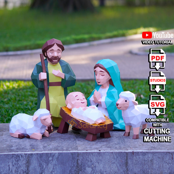 Nativity Scene Papercraft 3D SVG Bundle – Virgin Mary, Saint Joseph, Baby Jesus & Sheep | Christmas DIY Ornament | Svg PDF Studio Cut Files